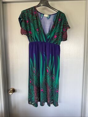 Jon & Anna New York Peacock Knit Midi Dress V Neck Short Sleeves sz 1X